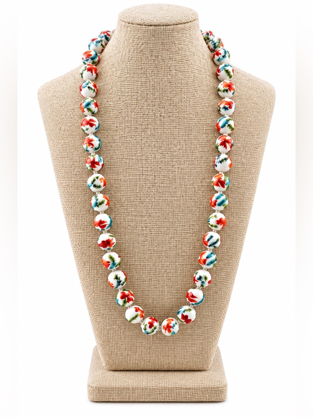 Hand-Painted Fantail Goldfish Ceramic Bead Necklace in White, Red & Green